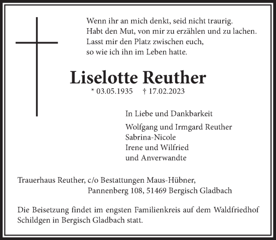 Anzeige von Liselotte Reuther von  Bergisches Handelsblatt 