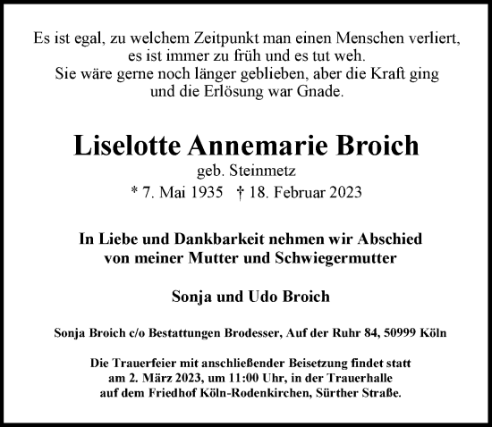 Anzeige von Liselotte Annemarie Broich von  EXPRESS - Die Woche 