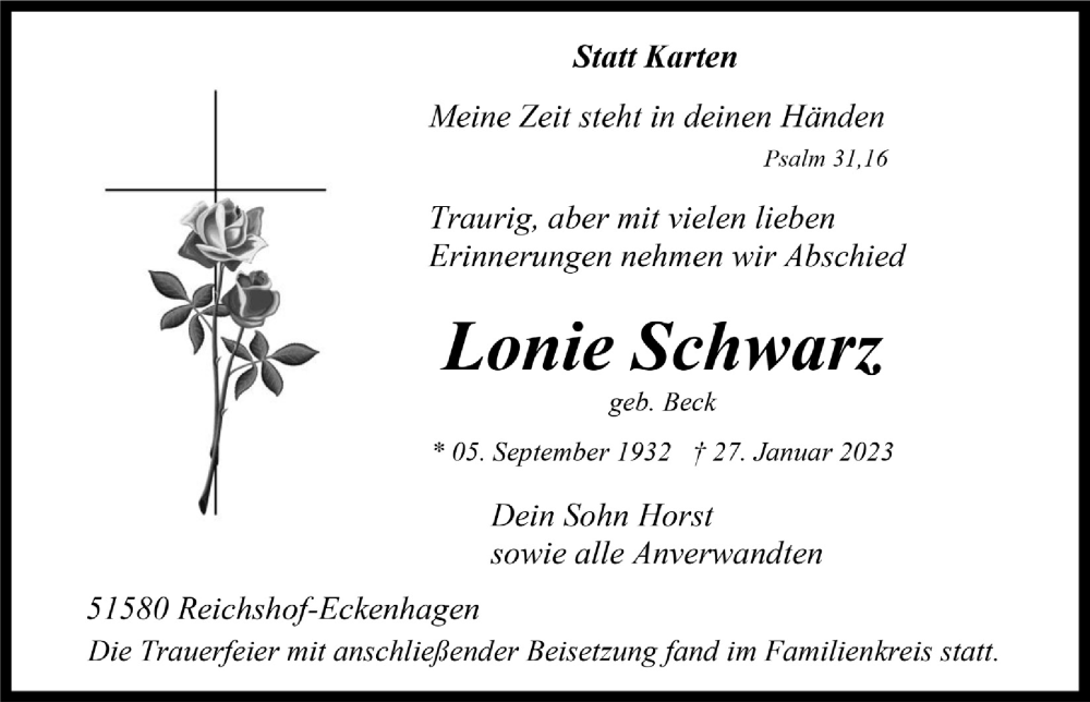  Traueranzeige für Lonie Schwarz vom 10.02.2023 aus  Anzeigen Echo 