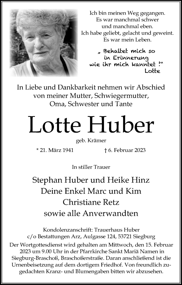  Traueranzeige für Lotte Huber vom 11.02.2023 aus Kölner Stadt-Anzeiger / Kölnische Rundschau / Express