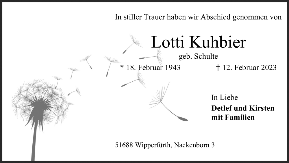  Traueranzeige für Lotti Kuhbier vom 25.02.2023 aus Kölner Stadt-Anzeiger / Kölnische Rundschau / Express
