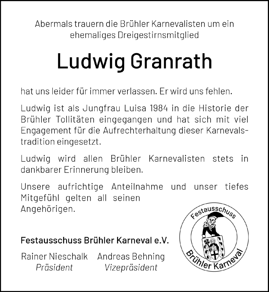  Traueranzeige für Ludwig Granrath vom 03.02.2023 aus  Schlossbote/Werbekurier 