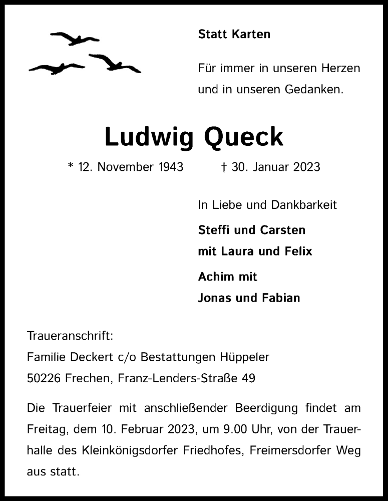  Traueranzeige für Ludwig Queck vom 04.02.2023 aus Kölner Stadt-Anzeiger / Kölnische Rundschau / Express