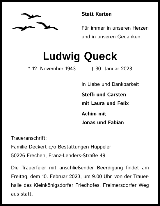 Anzeige von Ludwig Queck von Kölner Stadt-Anzeiger / Kölnische Rundschau / Express