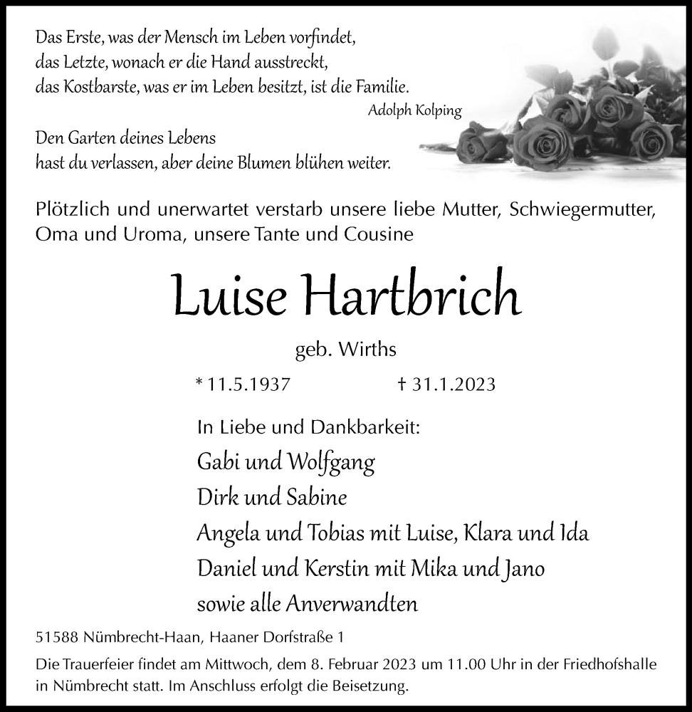  Traueranzeige für Luise Hartbrich vom 04.02.2023 aus Kölner Stadt-Anzeiger / Kölnische Rundschau / Express
