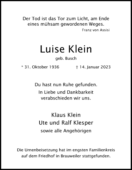 Anzeige von Luise Klein von Kölner Stadt-Anzeiger / Kölnische Rundschau / Express