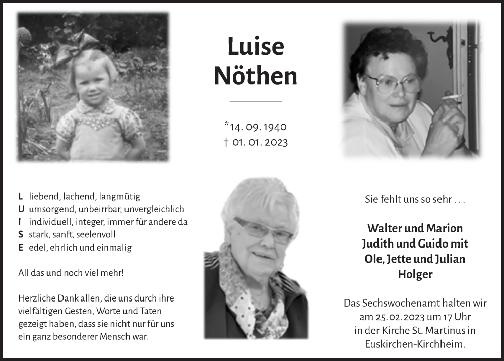  Traueranzeige für Luise Nöthen vom 11.02.2023 aus  Blickpunkt Euskirchen 
