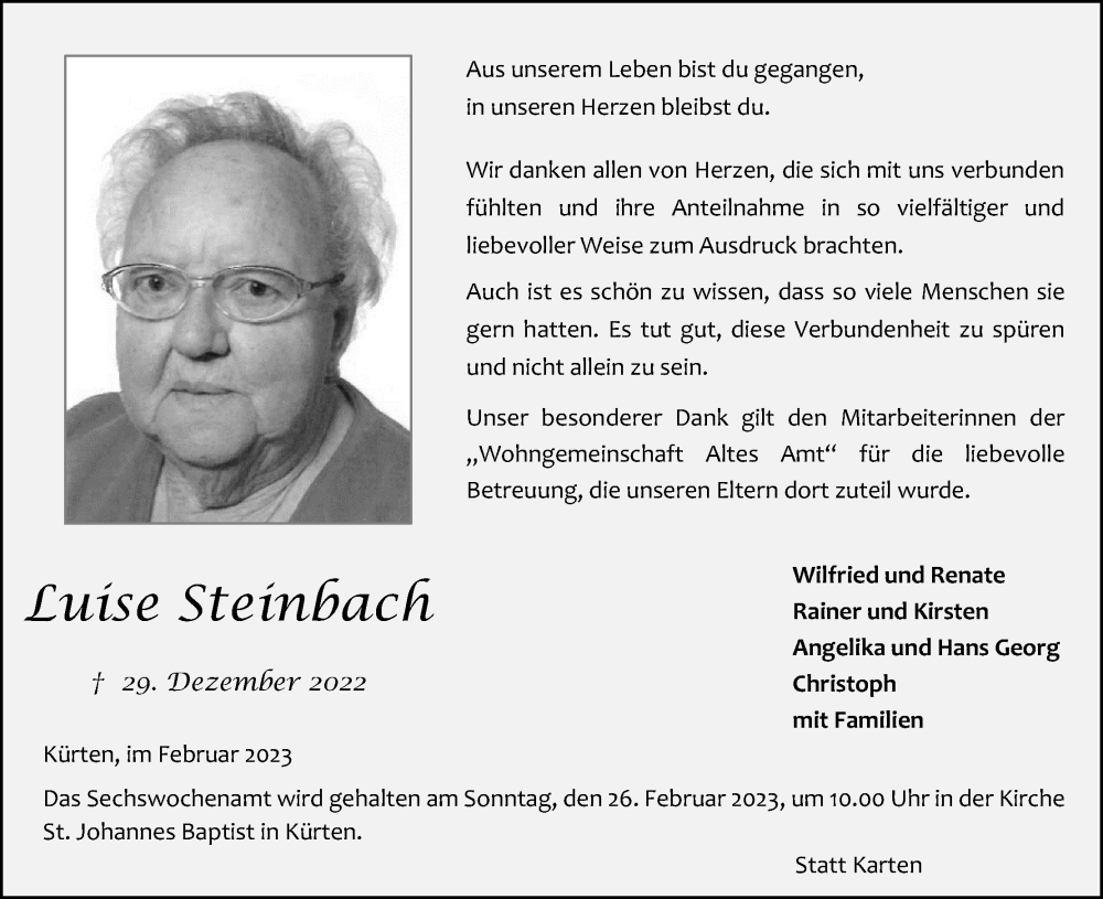  Traueranzeige für Luise Steinbach vom 18.02.2023 aus Kölner Stadt-Anzeiger / Kölnische Rundschau / Express