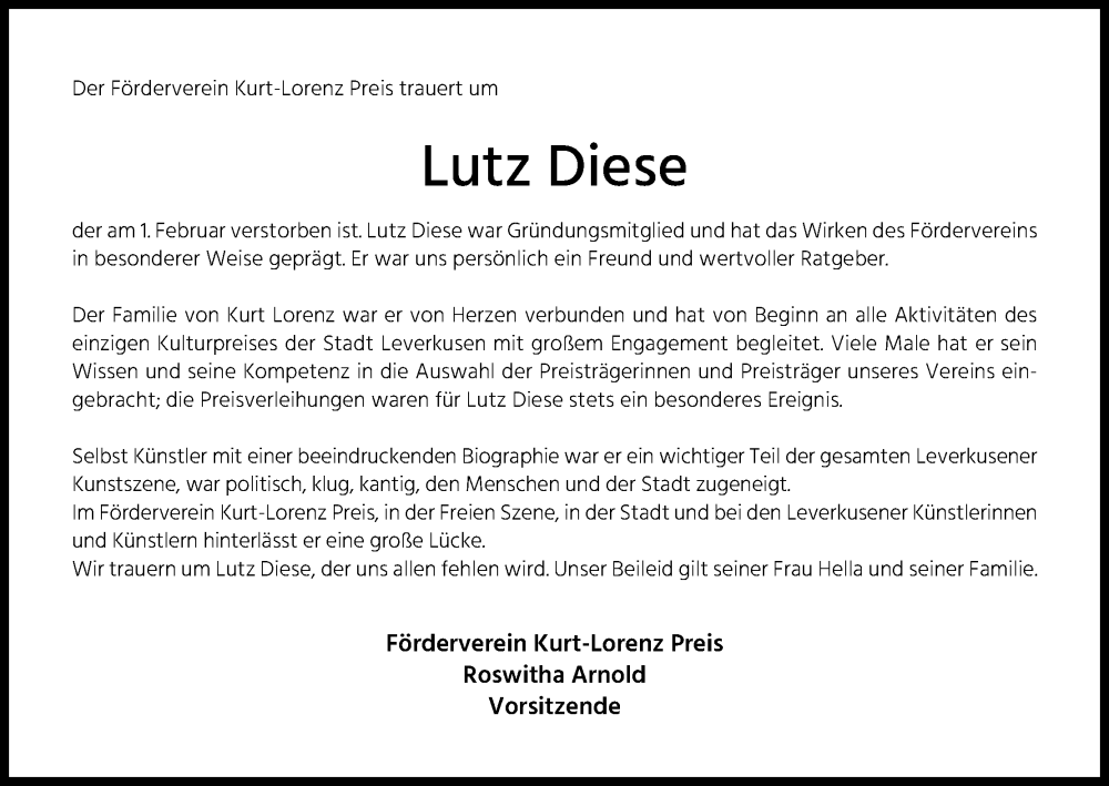 Traueranzeige für Lutz Diese vom 11.02.2023 aus Kölner Stadt-Anzeiger / Kölnische Rundschau / Express