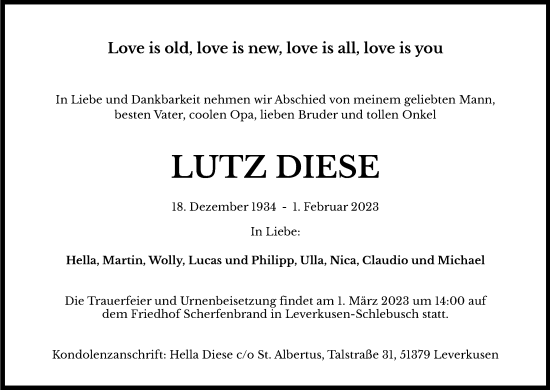 Anzeige von Lutz Diese von Kölner Stadt-Anzeiger / Kölnische Rundschau / Express