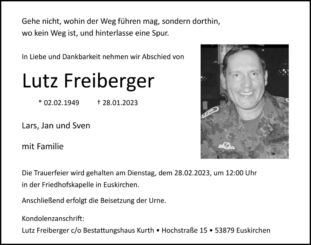  Traueranzeige für Lutz Freiberger vom 18.02.2023 aus  Blickpunkt Euskirchen 