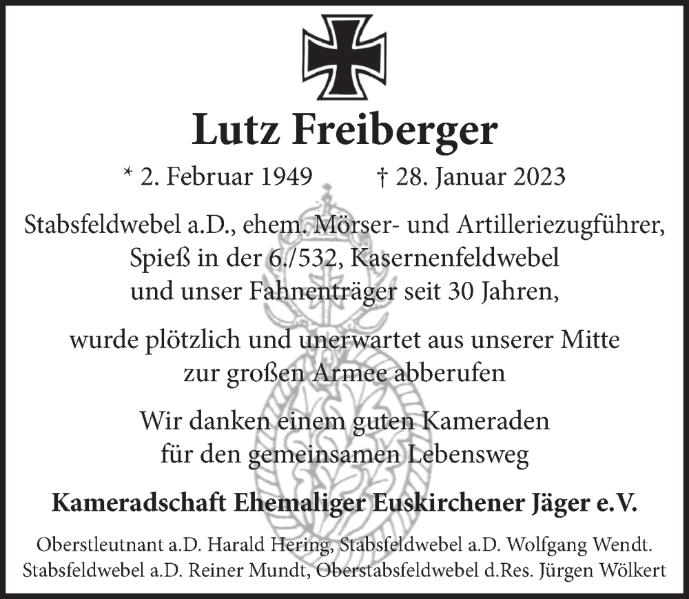  Traueranzeige für Lutz Freiberger vom 18.02.2023 aus  Blickpunkt Euskirchen 