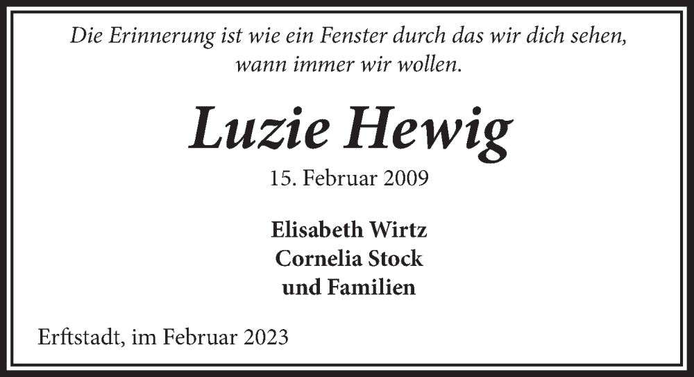  Traueranzeige für Luzie Hewig vom 17.02.2023 aus  Werbepost 