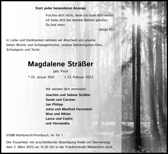 Anzeige von Magdalene Sträßer von Kölner Stadt-Anzeiger / Kölnische Rundschau / Express