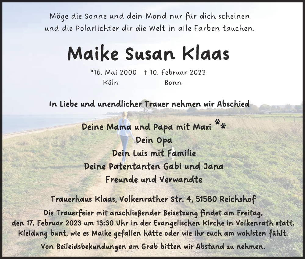  Traueranzeige für Maike Susan Klaas vom 15.02.2023 aus Kölner Stadt-Anzeiger / Kölnische Rundschau / Express
