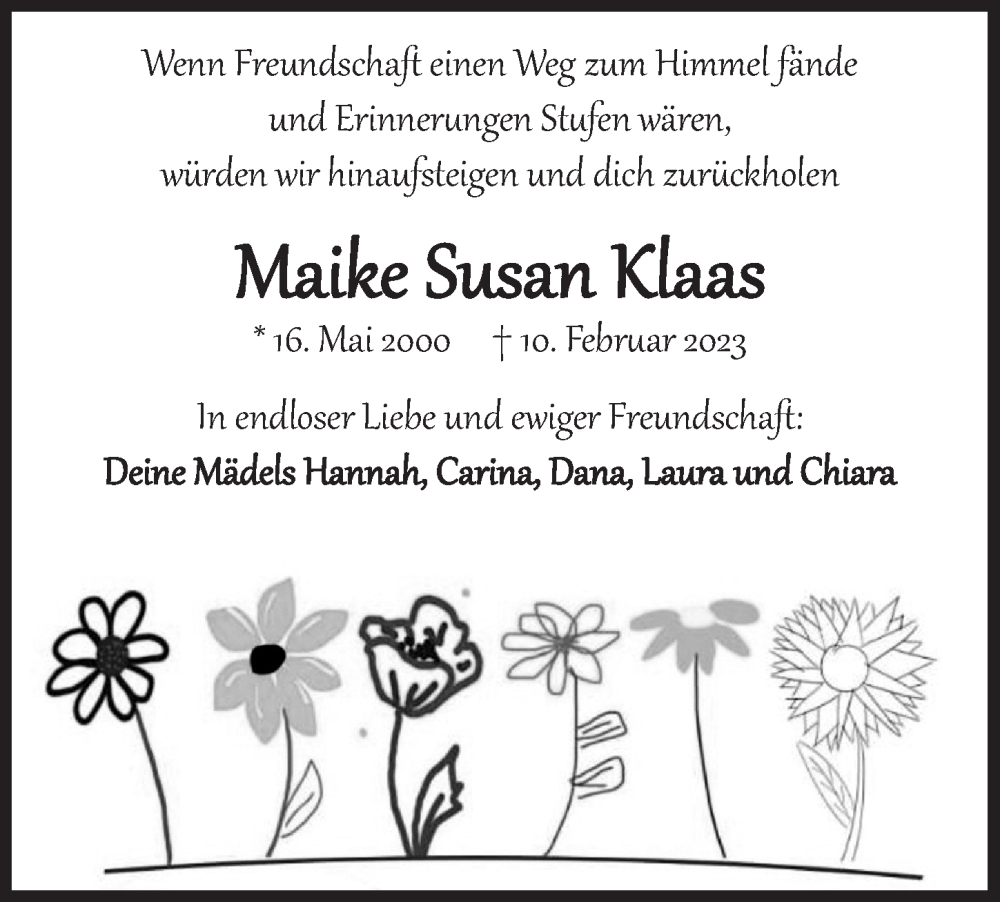 Traueranzeige für Maike Susan Klaas vom 17.02.2023 aus  Anzeigen Echo 