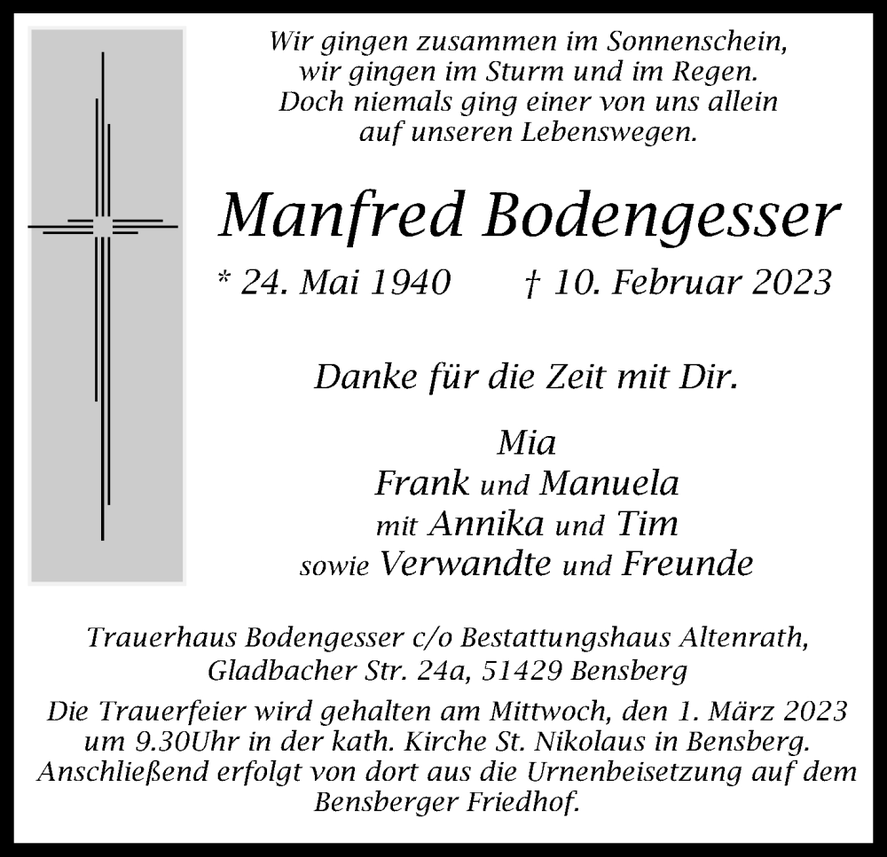  Traueranzeige für Manfred Bodengesser vom 22.02.2023 aus Kölner Stadt-Anzeiger / Kölnische Rundschau / Express