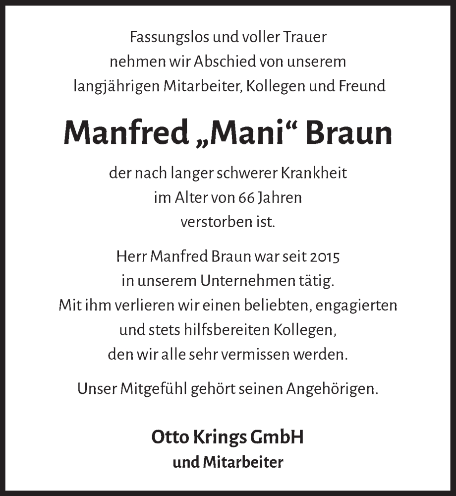  Traueranzeige für Manfred Braun vom 10.02.2023 aus  Schaufenster/Blickpunkt 