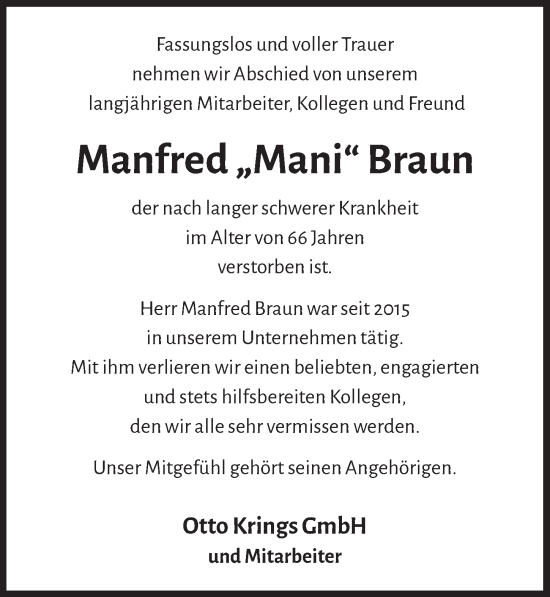 Anzeige von Manfred Braun von  Schaufenster/Blickpunkt 