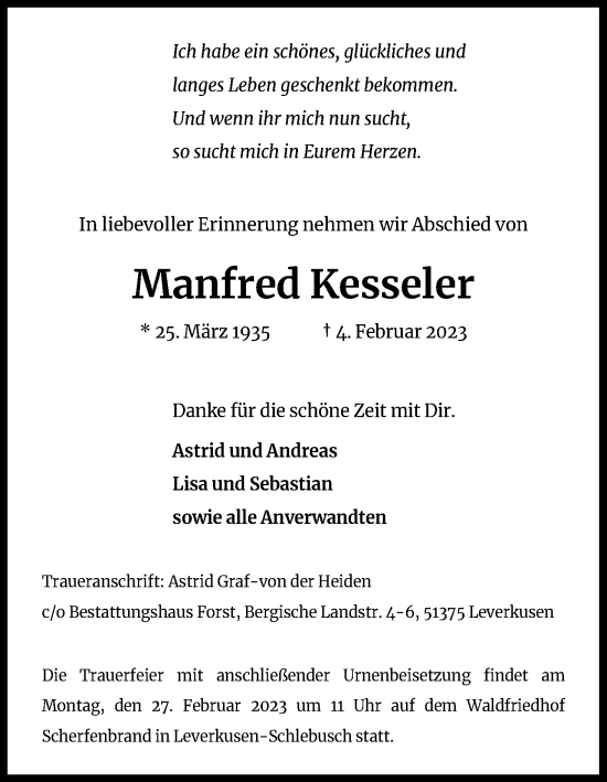 Anzeige von Manfred Kesseler von Kölner Stadt-Anzeiger / Kölnische Rundschau / Express