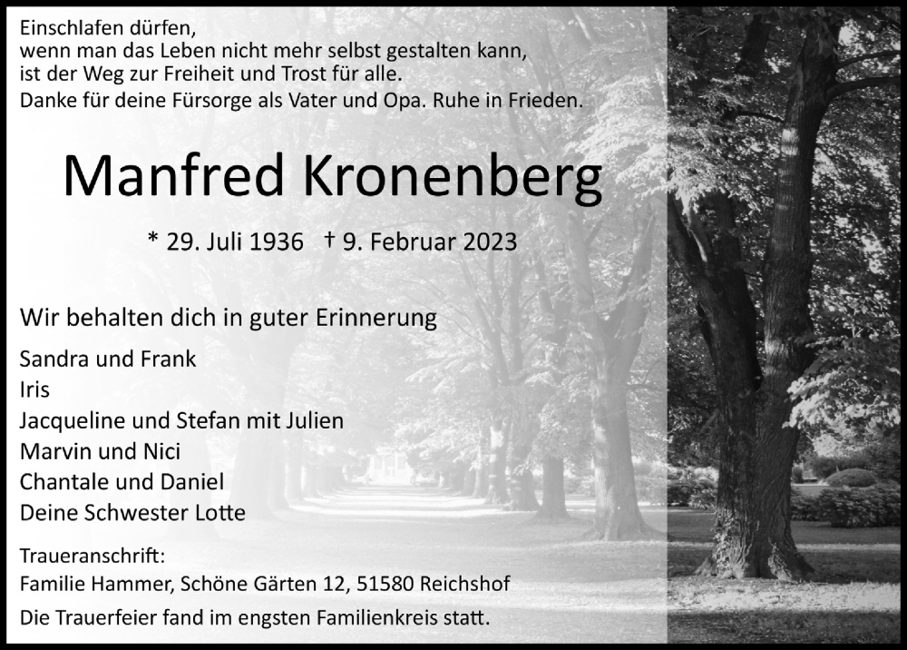  Traueranzeige für Manfred Kronenberg vom 17.02.2023 aus  Lokalanzeiger 