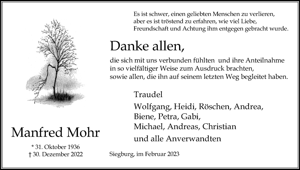  Traueranzeige für Manfred Mohr vom 04.02.2023 aus Kölner Stadt-Anzeiger / Kölnische Rundschau / Express