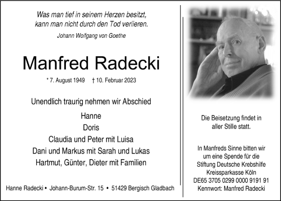 Anzeige von Manfred Radecki von  Bergisches Handelsblatt 