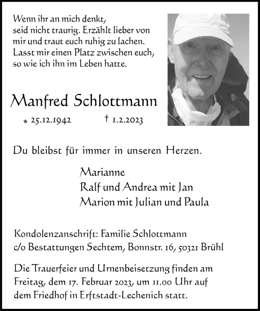  Traueranzeige für Manfred Schlottmann vom 10.02.2023 aus  Schlossbote/Werbekurier 