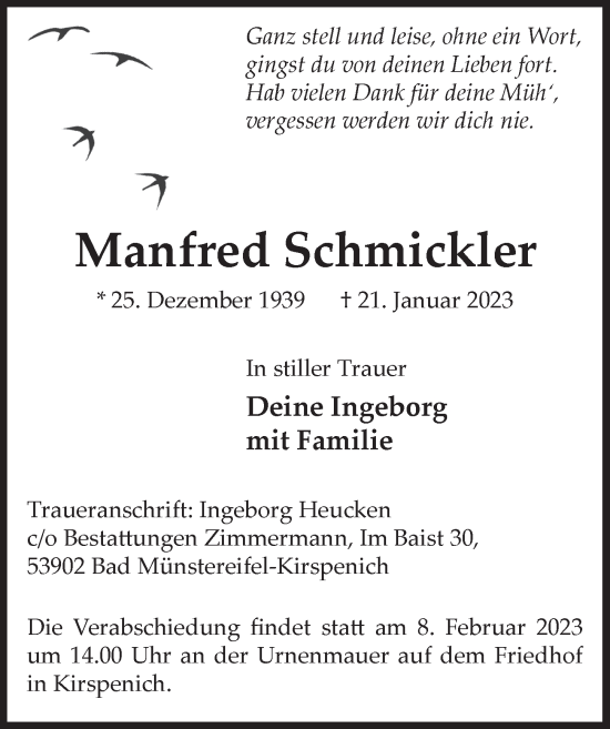 Anzeige von Manfred Schmickler von  Blickpunkt Euskirchen 