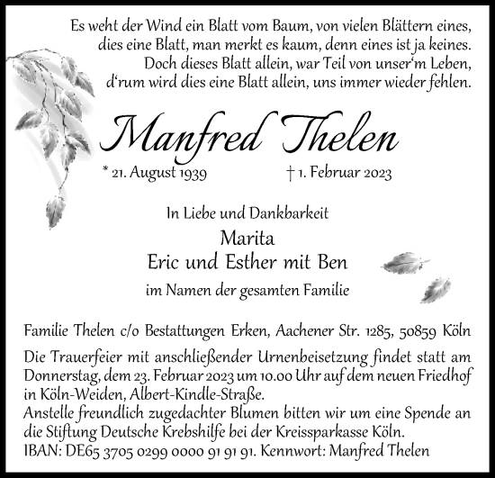 Anzeige von Manfred Thelen von Kölner Stadt-Anzeiger / Kölnische Rundschau / Express