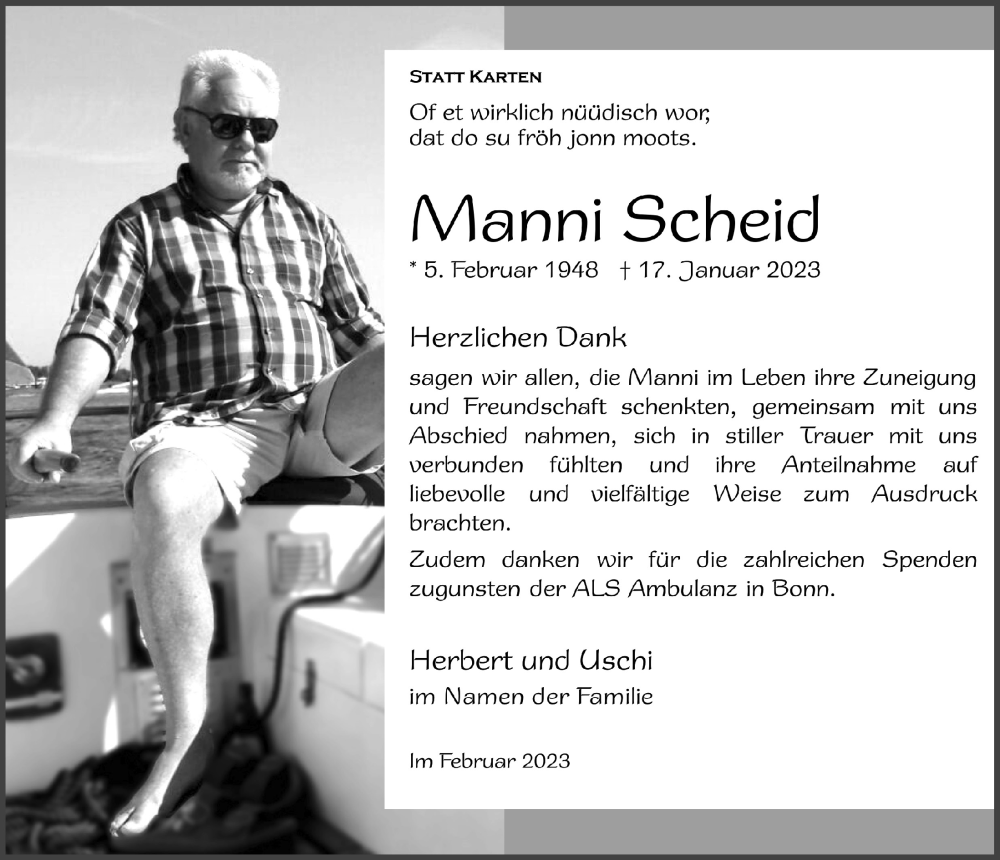  Traueranzeige für Manni Scheid vom 25.02.2023 aus  Schlossbote/Werbekurier 