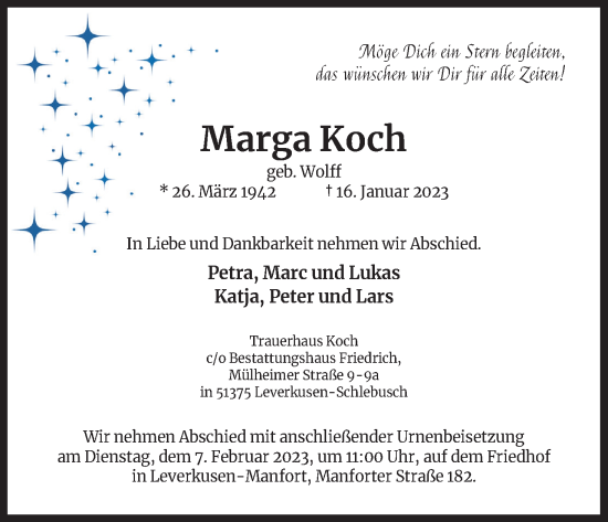 Anzeige von Marga Koch von Kölner Stadt-Anzeiger / Kölnische Rundschau / Express