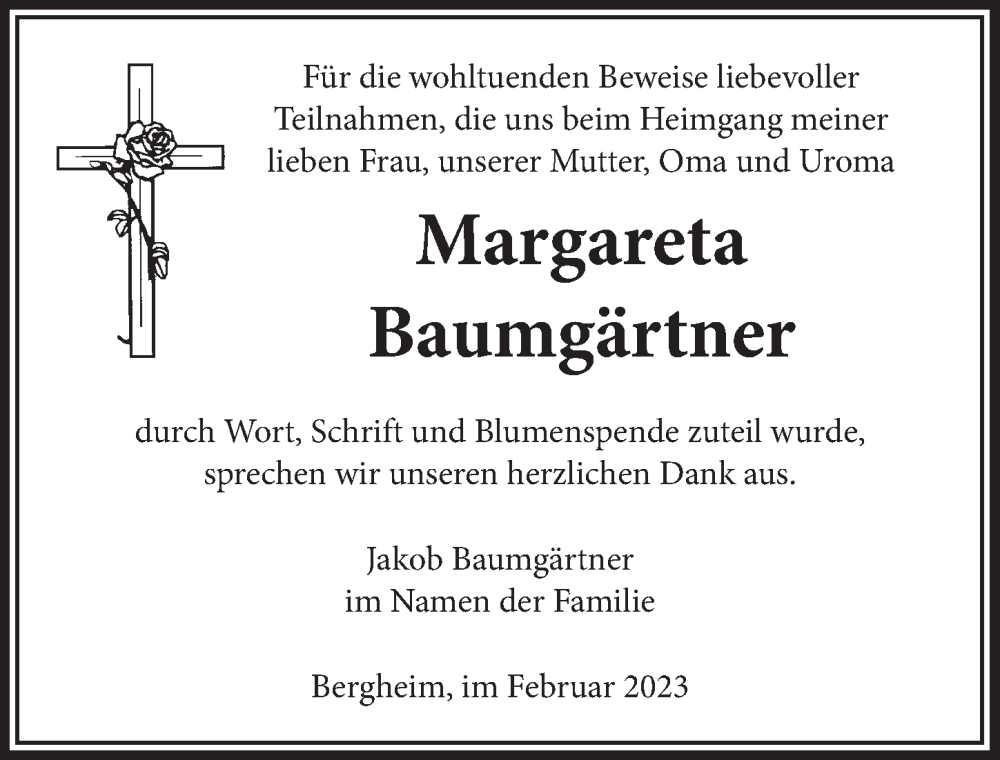  Traueranzeige für Margareta Baumgärtner vom 10.02.2023 aus  Werbepost 