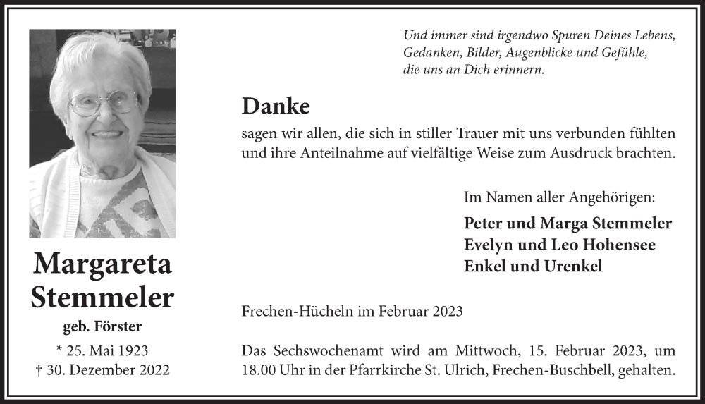  Traueranzeige für Margareta Stemmeler vom 10.02.2023 aus  Wochenende 