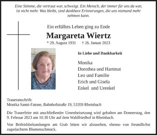 Anzeige von Margareta Wiertz von  Schaufenster/Blickpunkt 
