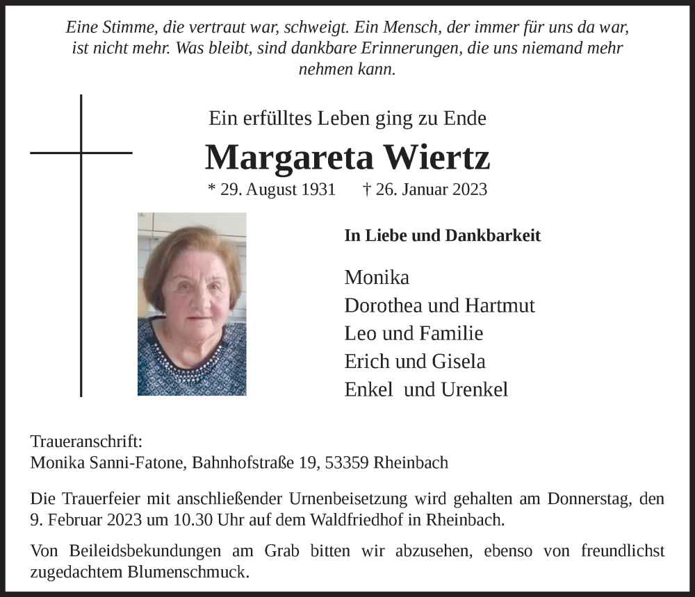  Traueranzeige für Margareta Wiertz vom 03.02.2023 aus  Schaufenster/Blickpunkt 