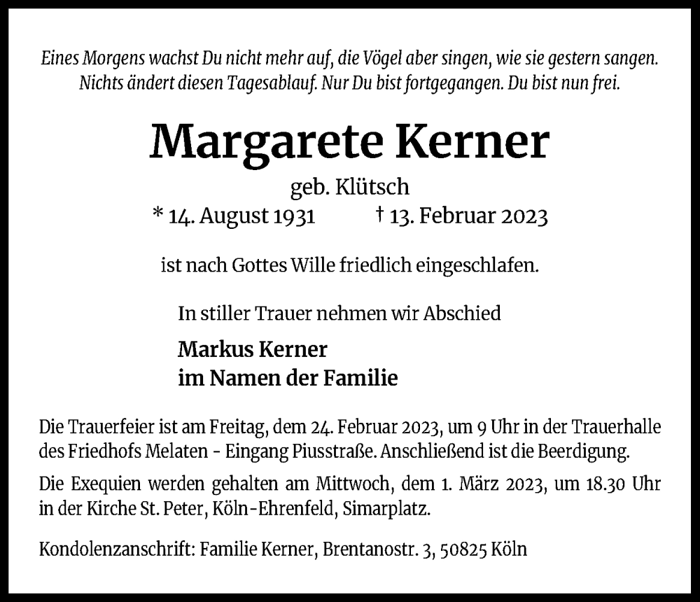  Traueranzeige für Margarete Kerner vom 18.02.2023 aus Kölner Stadt-Anzeiger / Kölnische Rundschau / Express