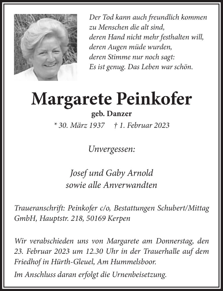  Traueranzeige für Margarete Peinkofer vom 17.02.2023 aus  Wochenende 