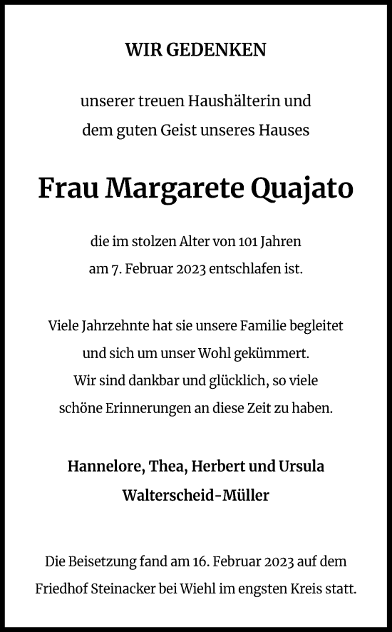 Anzeige von Margarete Quajato von Kölner Stadt-Anzeiger / Kölnische Rundschau / Express