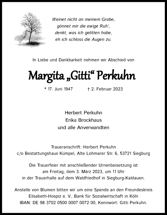 Anzeige von Margita Perkuhn von Kölner Stadt-Anzeiger / Kölnische Rundschau / Express