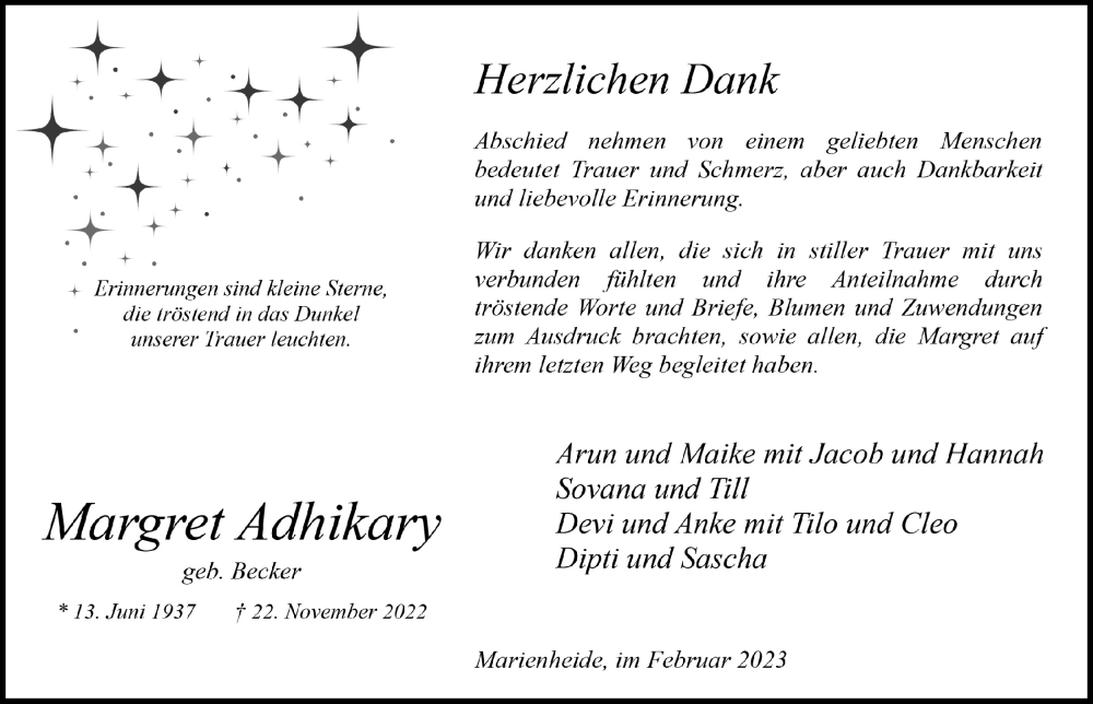 Traueranzeige für Margret Adhikary vom 10.02.2023 aus  Anzeigen Echo 