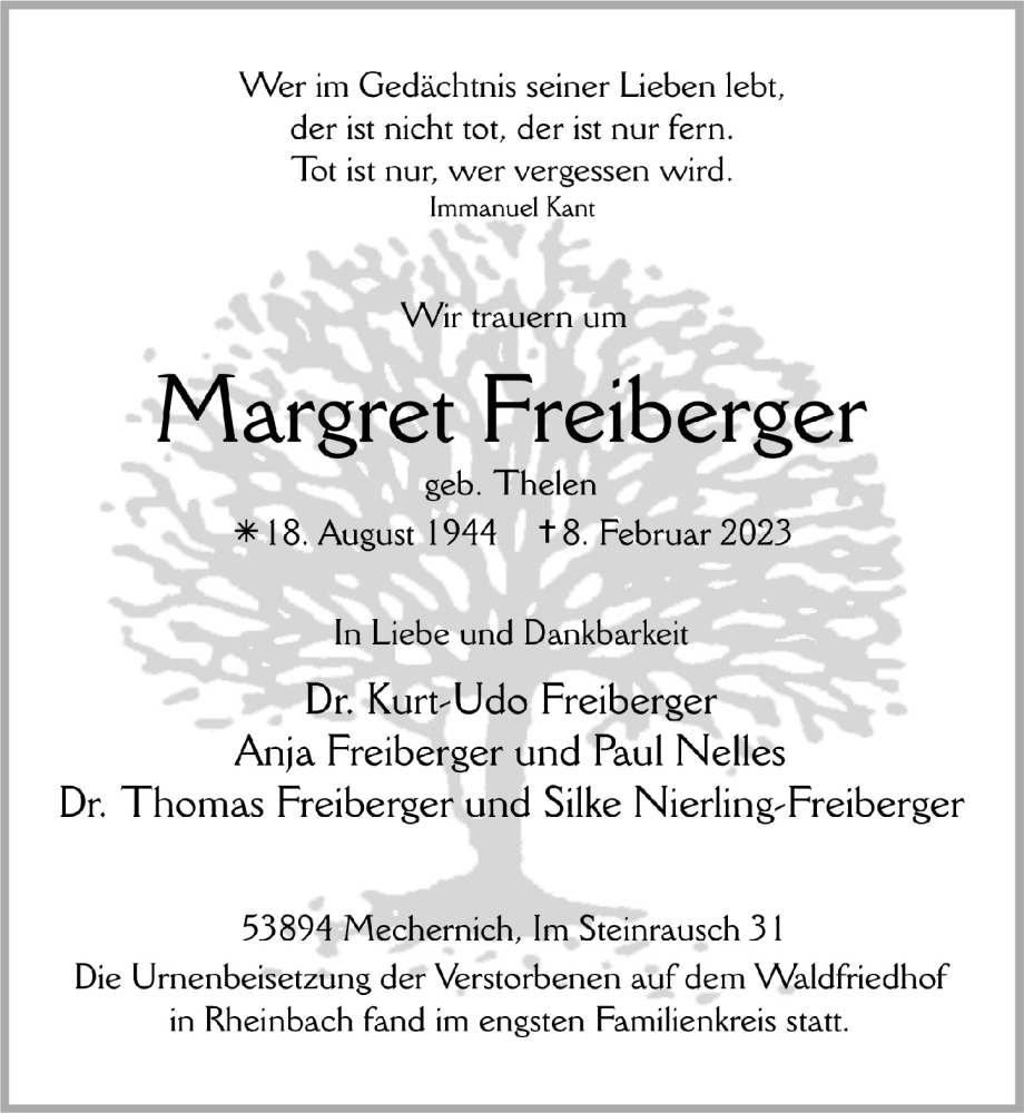  Traueranzeige für Margret Freiberger vom 25.02.2023 aus  Blickpunkt Euskirchen 