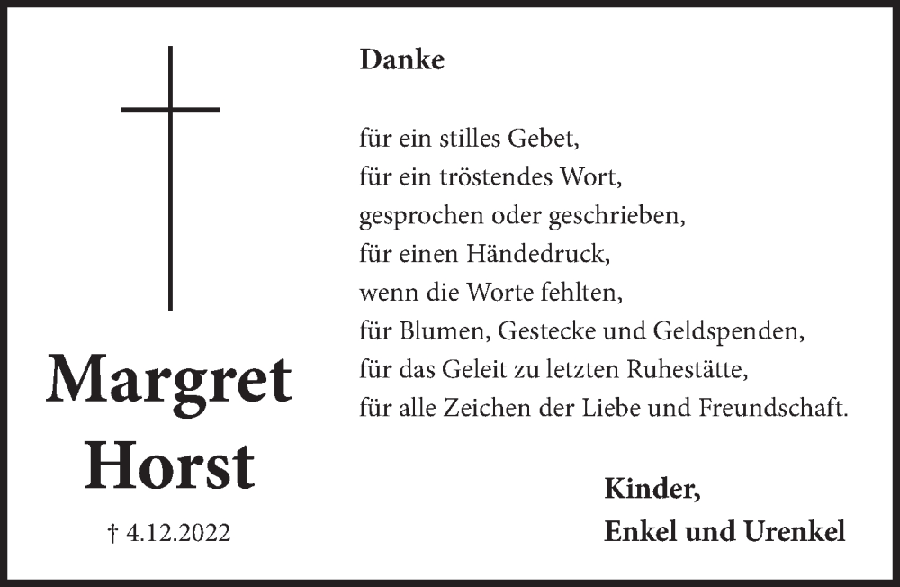  Traueranzeige für Margret Horst vom 10.02.2023 aus  Schlossbote/Werbekurier 