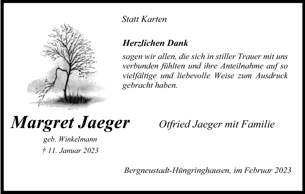 Traueranzeige für Margret Jaeger vom 25.02.2023 aus Kölner Stadt-Anzeiger / Kölnische Rundschau / Express