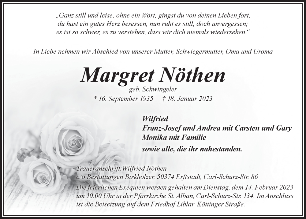  Traueranzeige für Margret Nöthen vom 03.02.2023 aus  Werbepost 