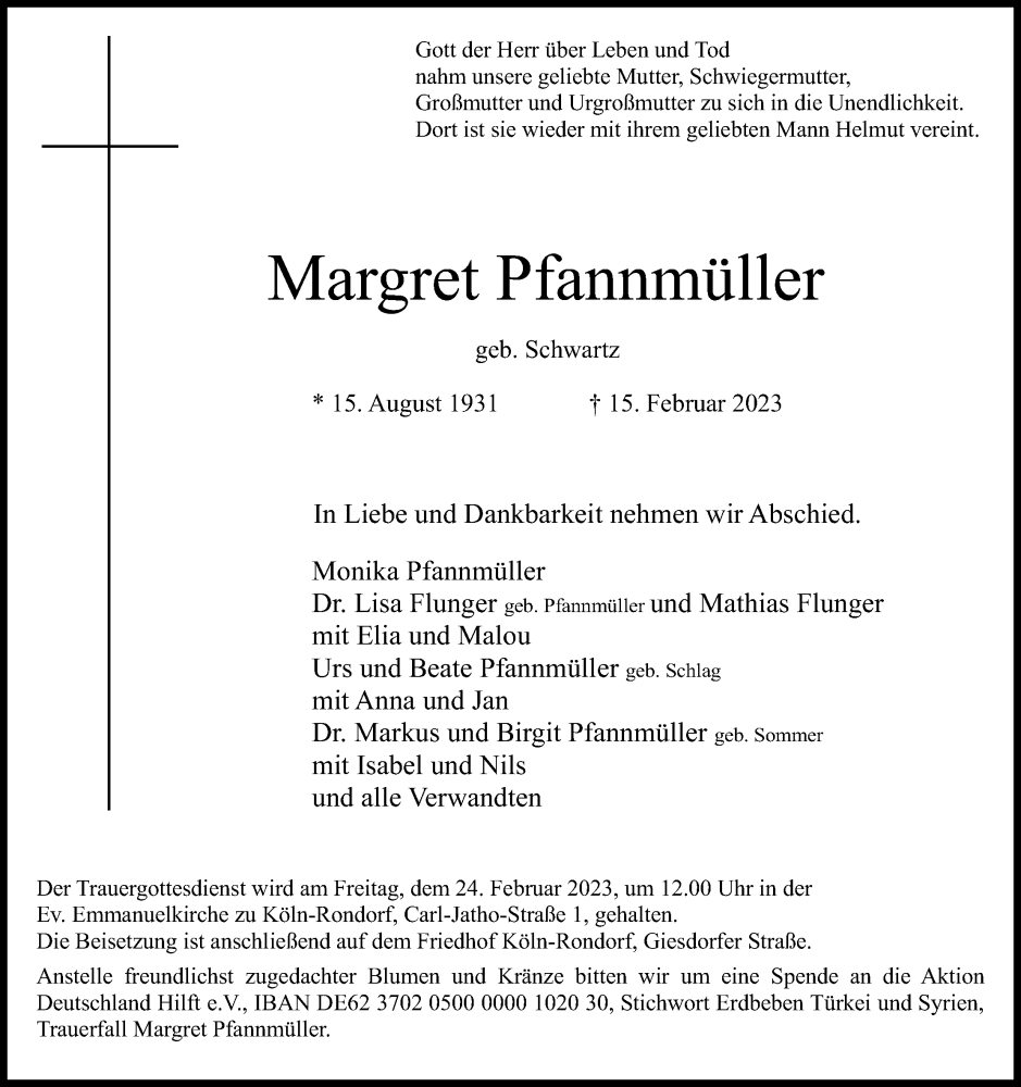  Traueranzeige für Margret Pfannmüller vom 22.02.2023 aus Kölner Stadt-Anzeiger / Kölnische Rundschau / Express