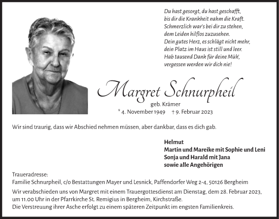 Anzeige von Margret Schnurpheil von  Werbepost 