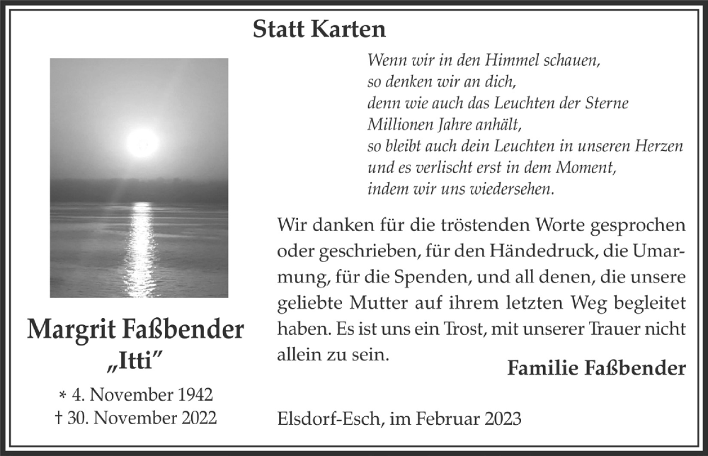  Traueranzeige für Margrit Faßbender vom 03.02.2023 aus  Werbepost 