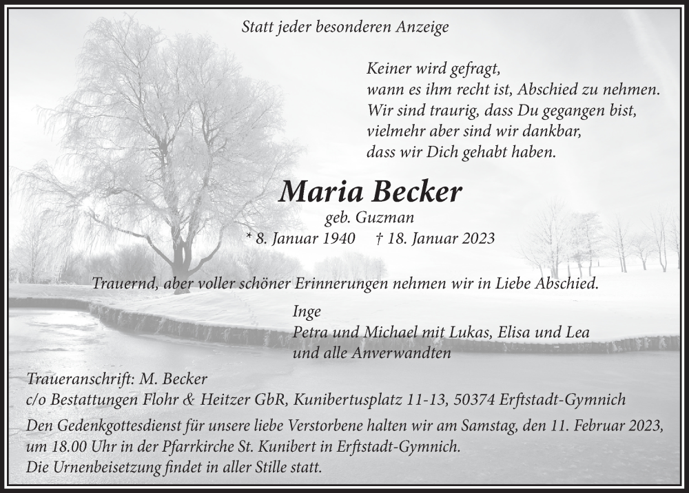  Traueranzeige für Maria Becker vom 03.02.2023 aus  Werbepost 