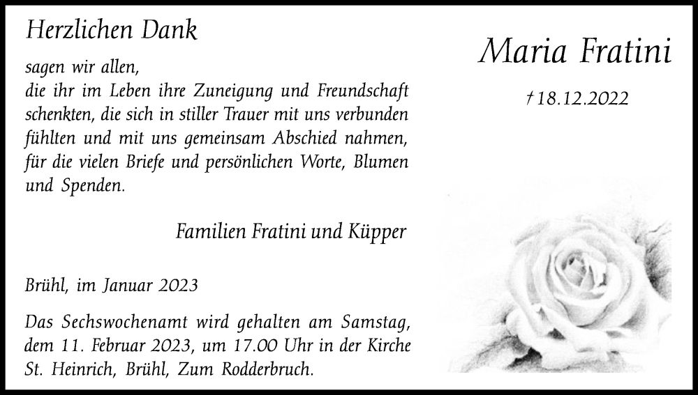  Traueranzeige für Maria Fratini vom 03.02.2023 aus Kölner Stadt-Anzeiger / Kölnische Rundschau / Express